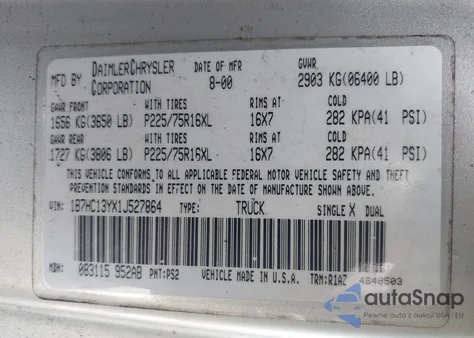 2001 Dodge Ram 1500 St z USA, uszkodzony, nr VIN 1B7HC13YX1J527864